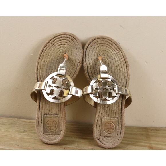 Tory Burch Espadrille Sandals 5M Miller Gold Logo Thong Shoes Flats - Picture 4 of 10